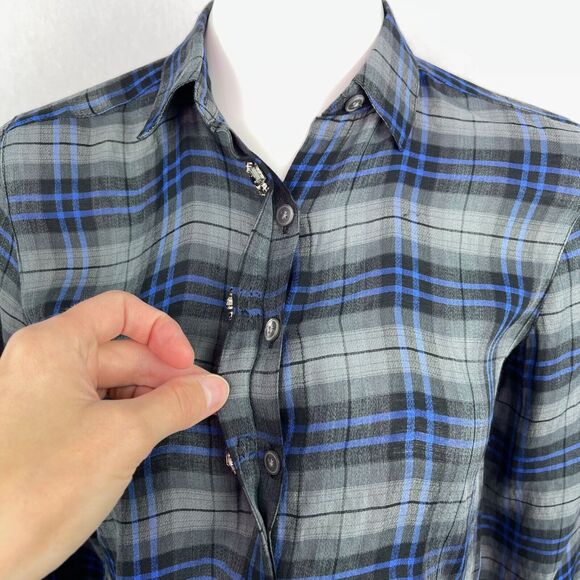 Ann Taylor Loft Plaid Gingham Blue Grey Rhinestone Button Down Shirt Petites XSP - Picture 4 of 10